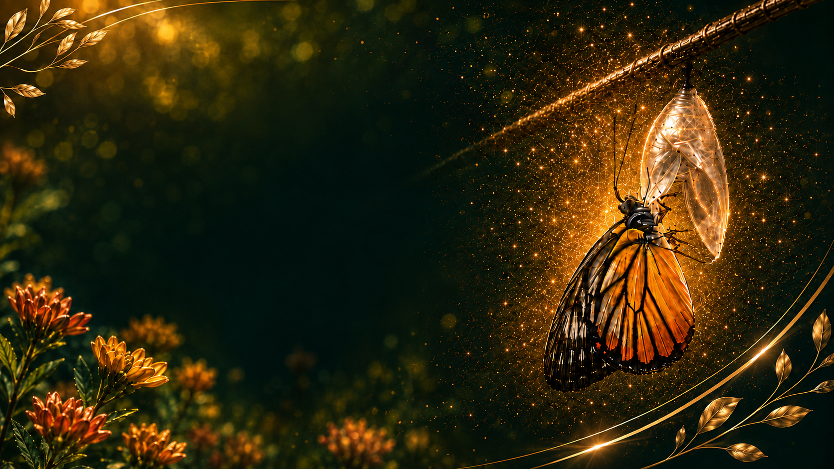 Casulo e borboleta entre flores e luz, símbolos de transformação da Libertae.